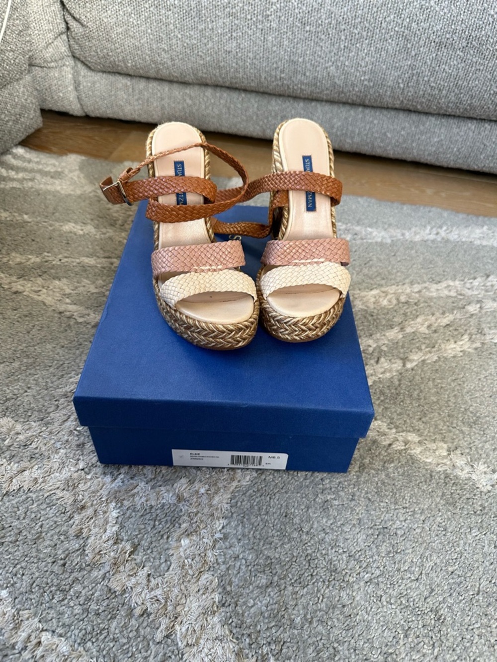 Stuart Weitzman Elise Brown, Tan & Cream Braided Wedge Sandals - Picture 2 of 9